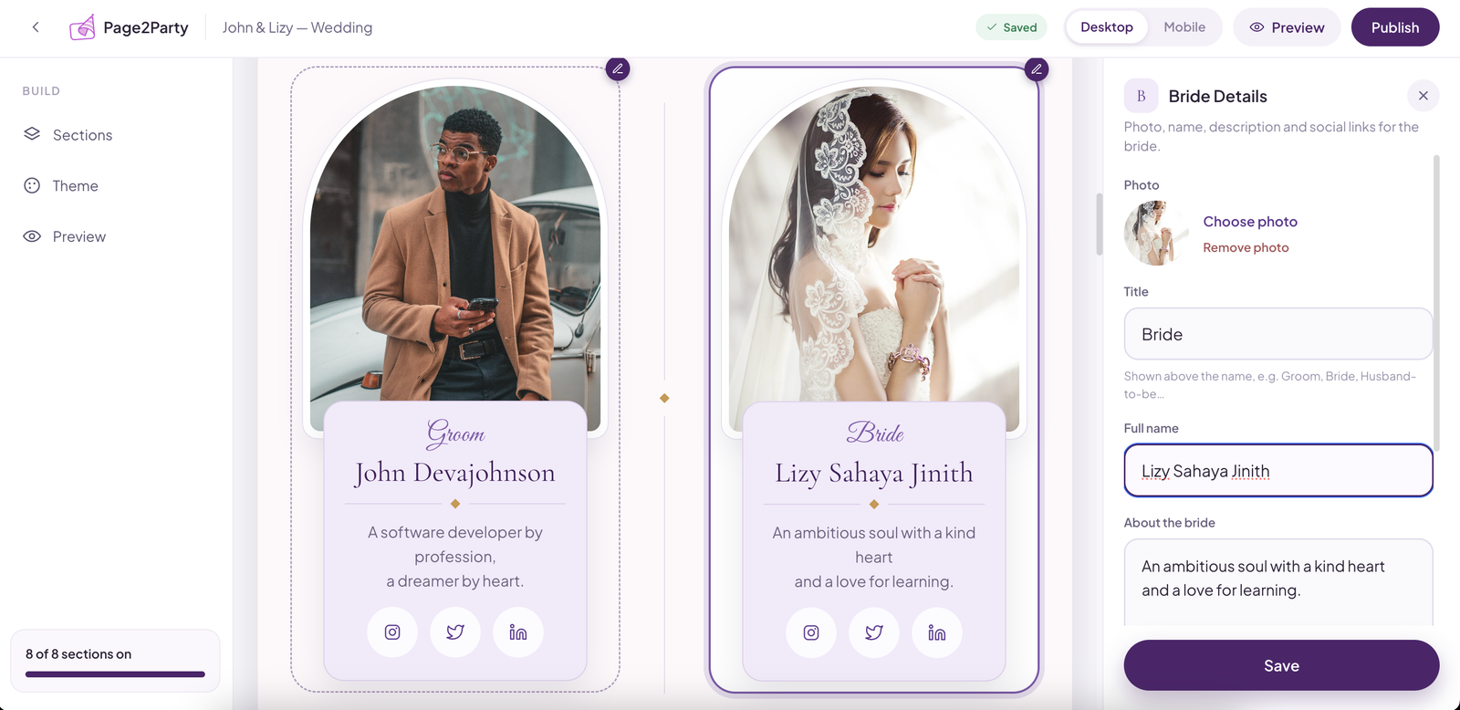 The Page2Party live builder — edit invitation details on the left and see the invitation update instantly in the preview on the right