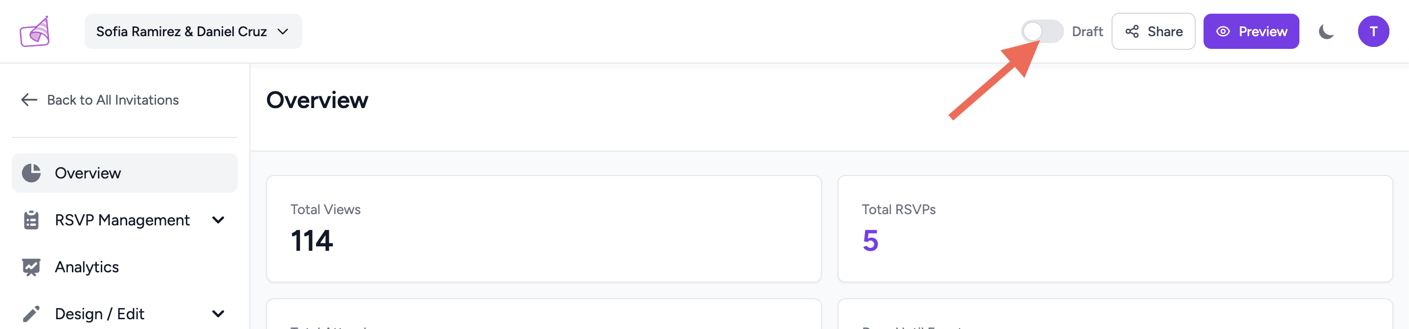 Invitation overview page showing Preview and Publish buttons with the live invitation URL