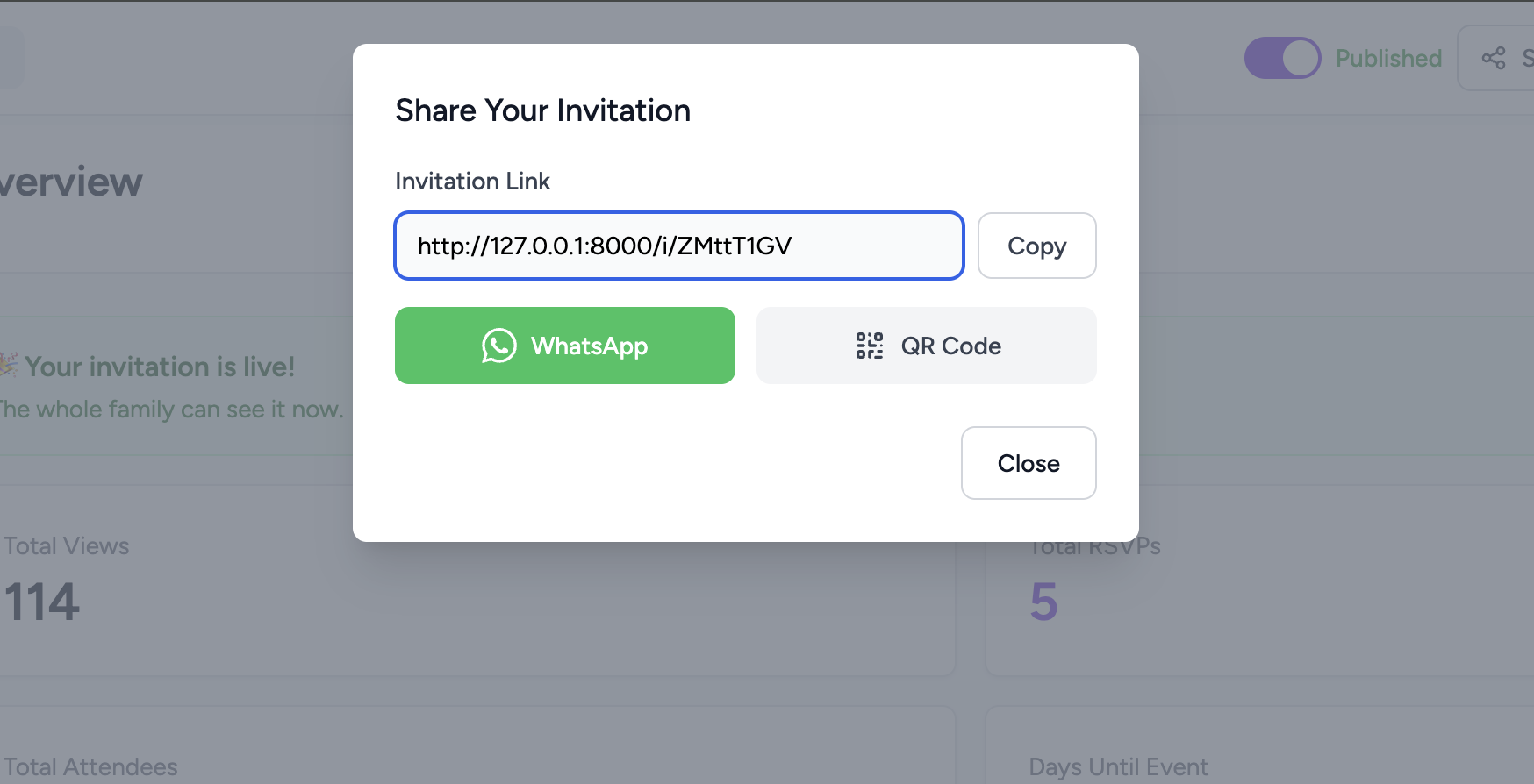 Share popup showing Copy Link button, WhatsApp share button, and QR code option