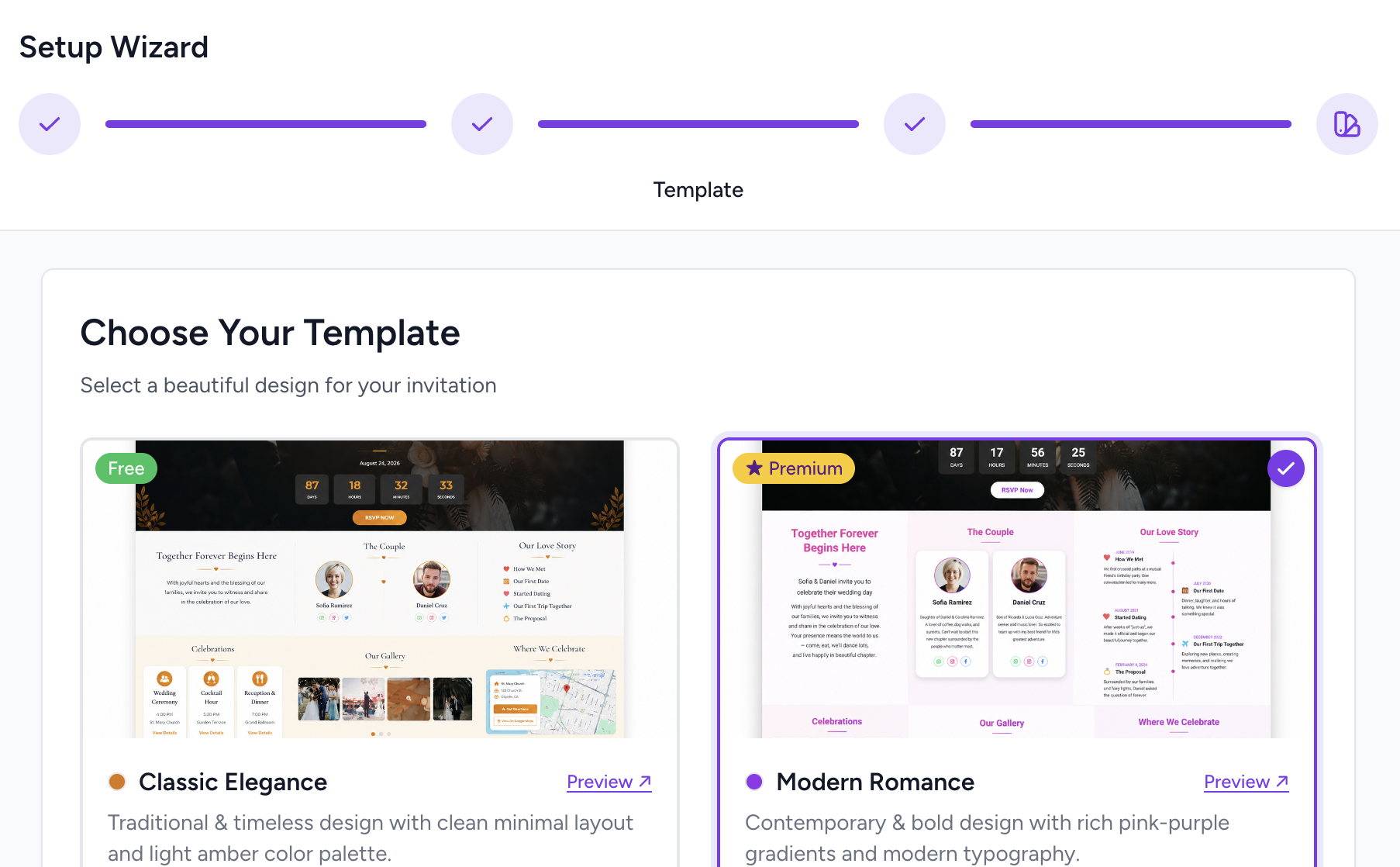 Template selection screen showing a grid of wedding invitation design thumbnails