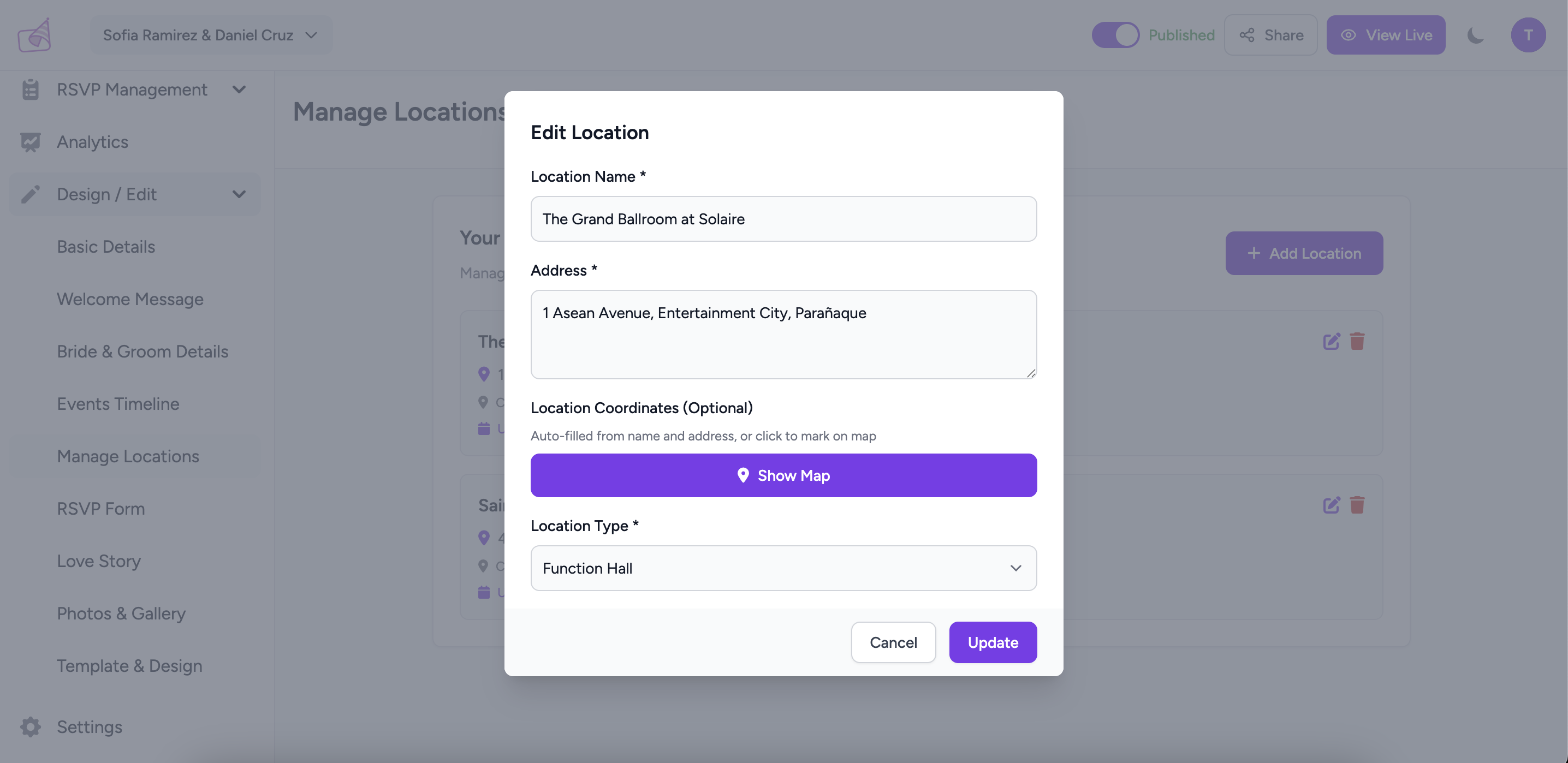 Add Location modal with Name, Address, and Location Type fields filled in