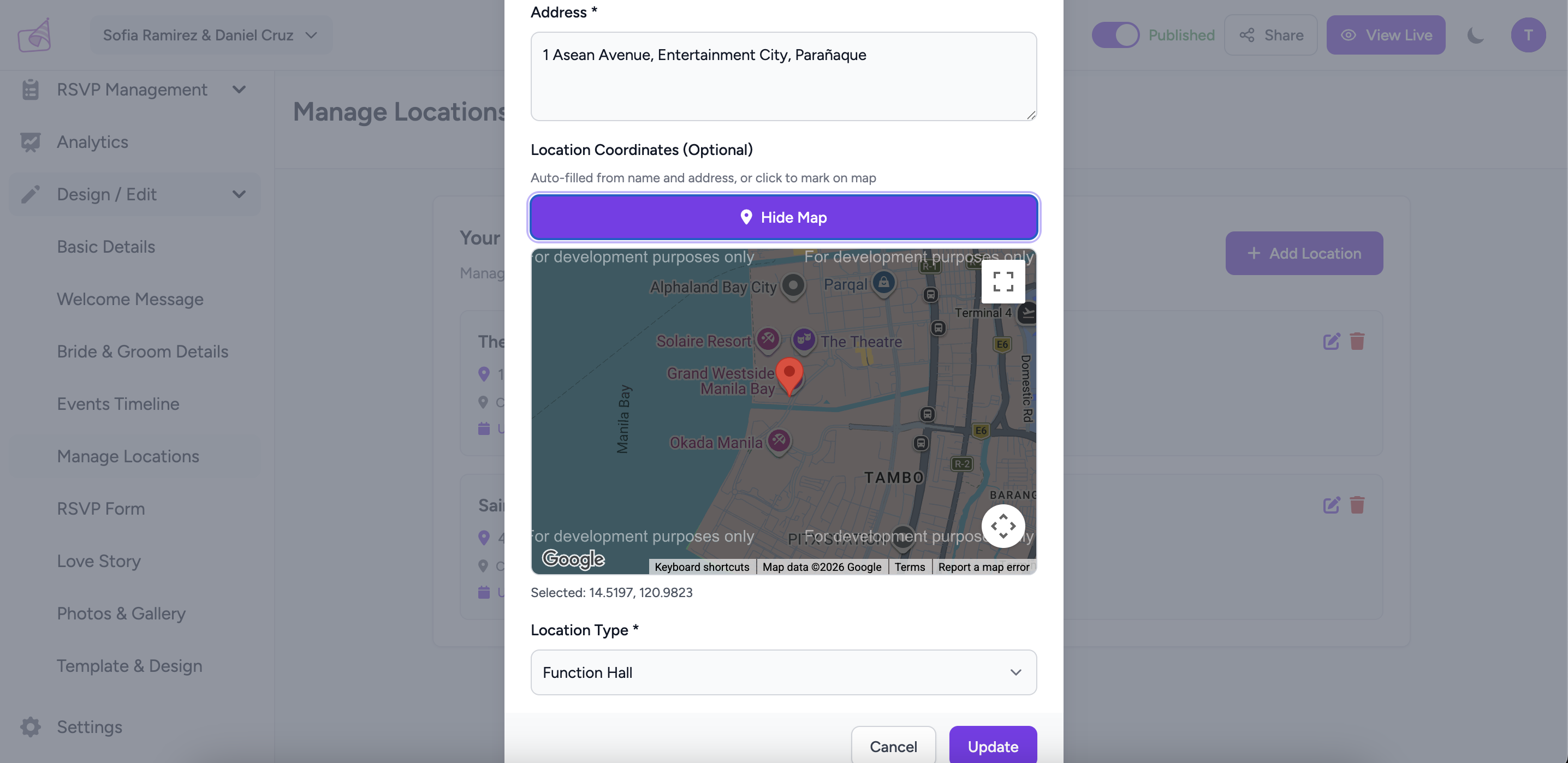 Add Location modal with Show Map expanded, displaying a Google Map with a draggable pin placed on the venue