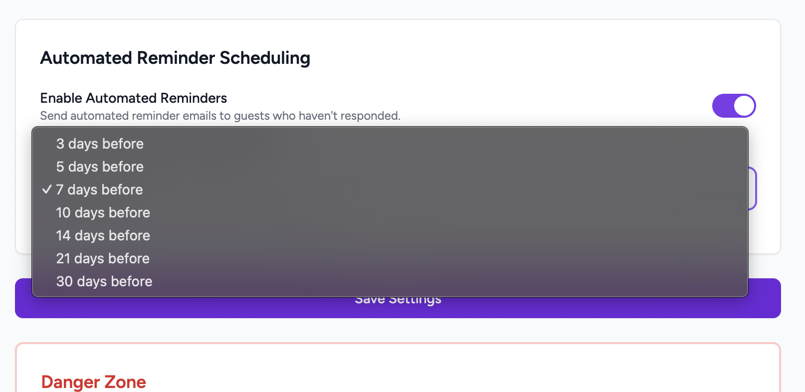 Send Reminder Days Before Wedding dropdown showing options 3, 5, 7, 10, 14, 21, 30 days