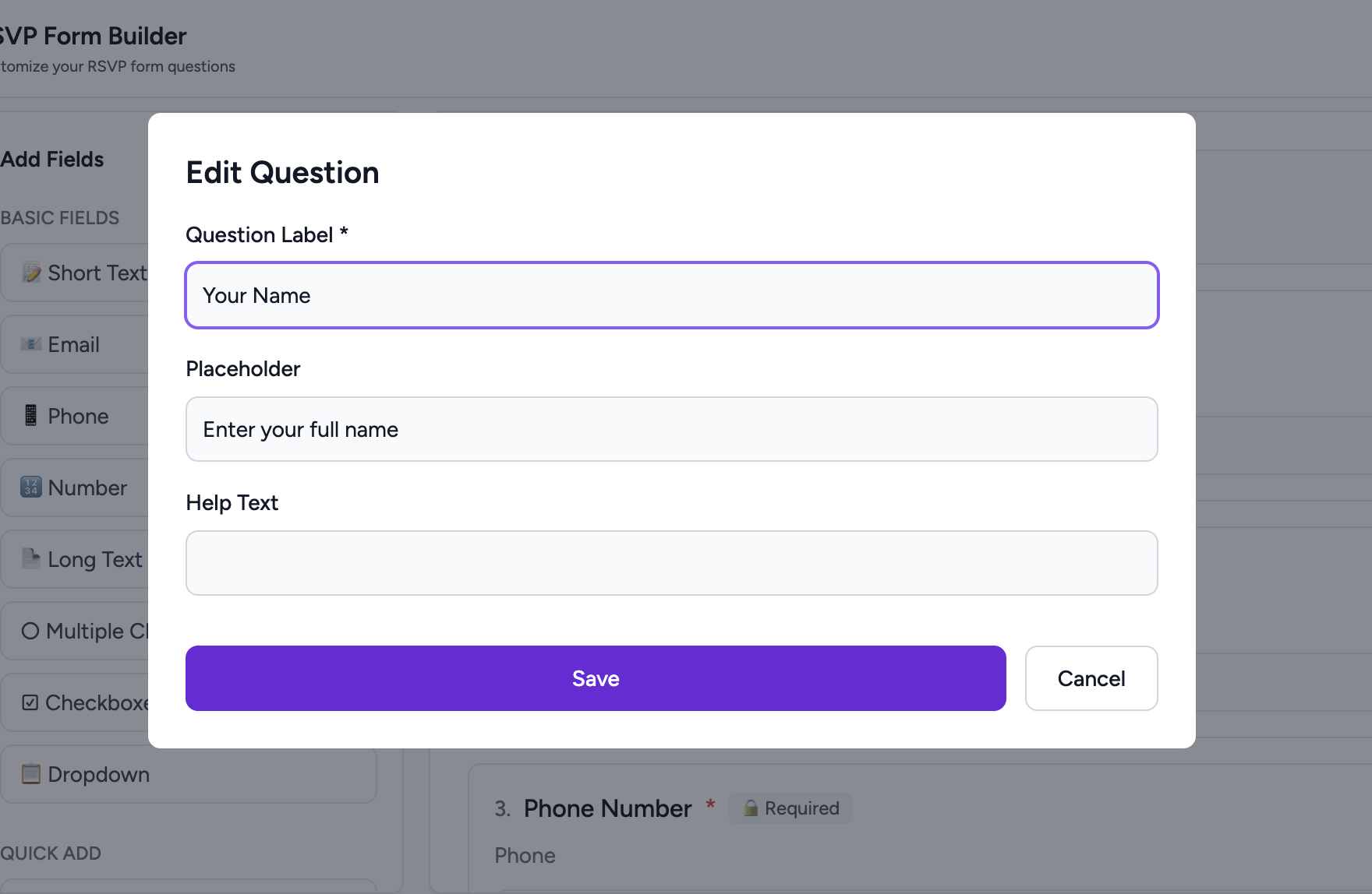 Edit Question modal showing label, placeholder, help text and required toggle