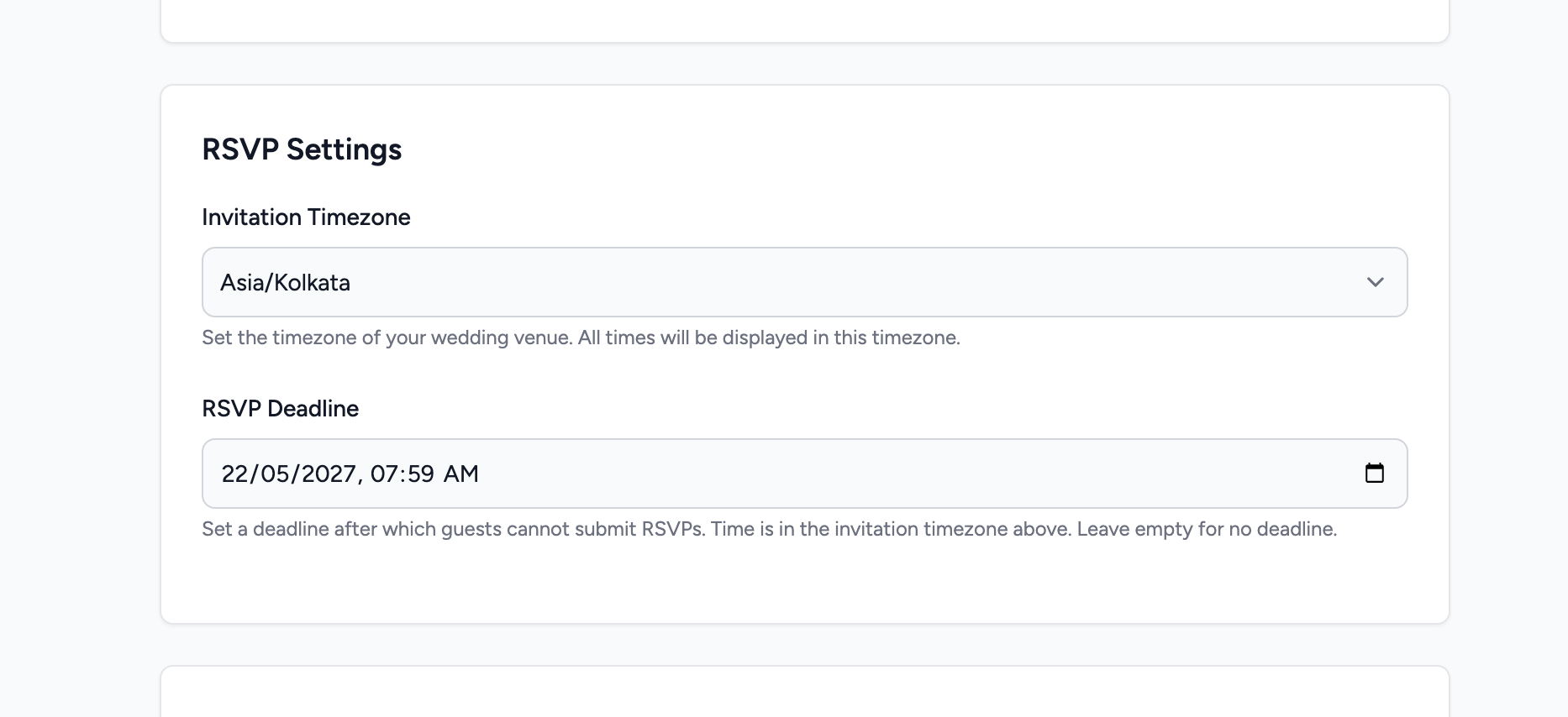 RSVP Settings card in Settings page showing the RSVP Deadline datetime input field