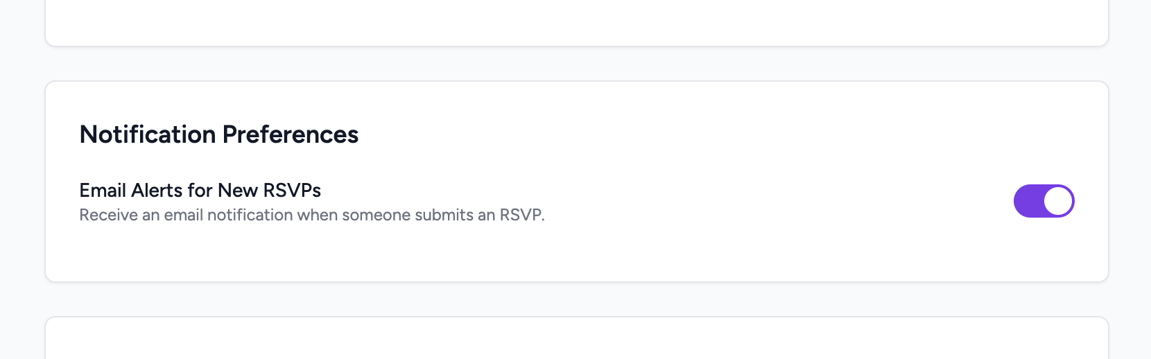 Notification Preferences card in Settings showing the Email Alerts for New RSVPs toggle
