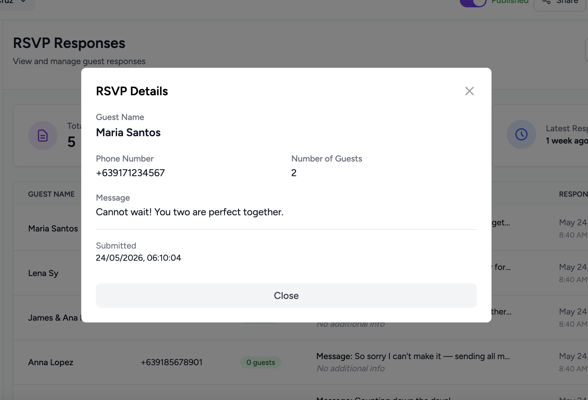 RSVP response details modal showing guest name, phone, guest count, custom field answers, and submission timestamp