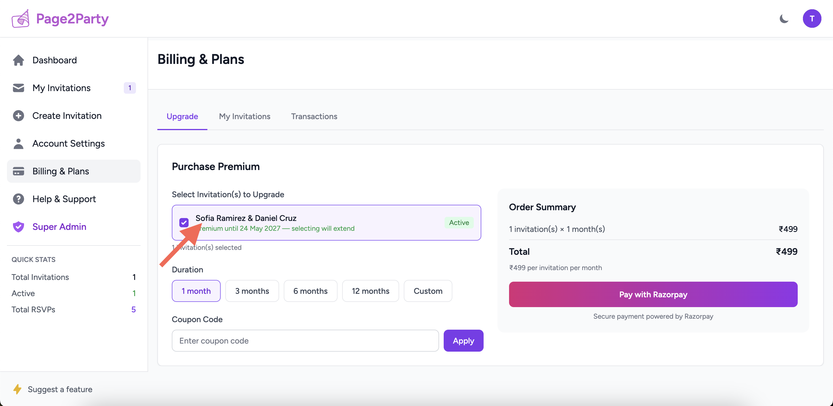 Invitation selector list with checkboxes, showing premium status and expiry for each invitation