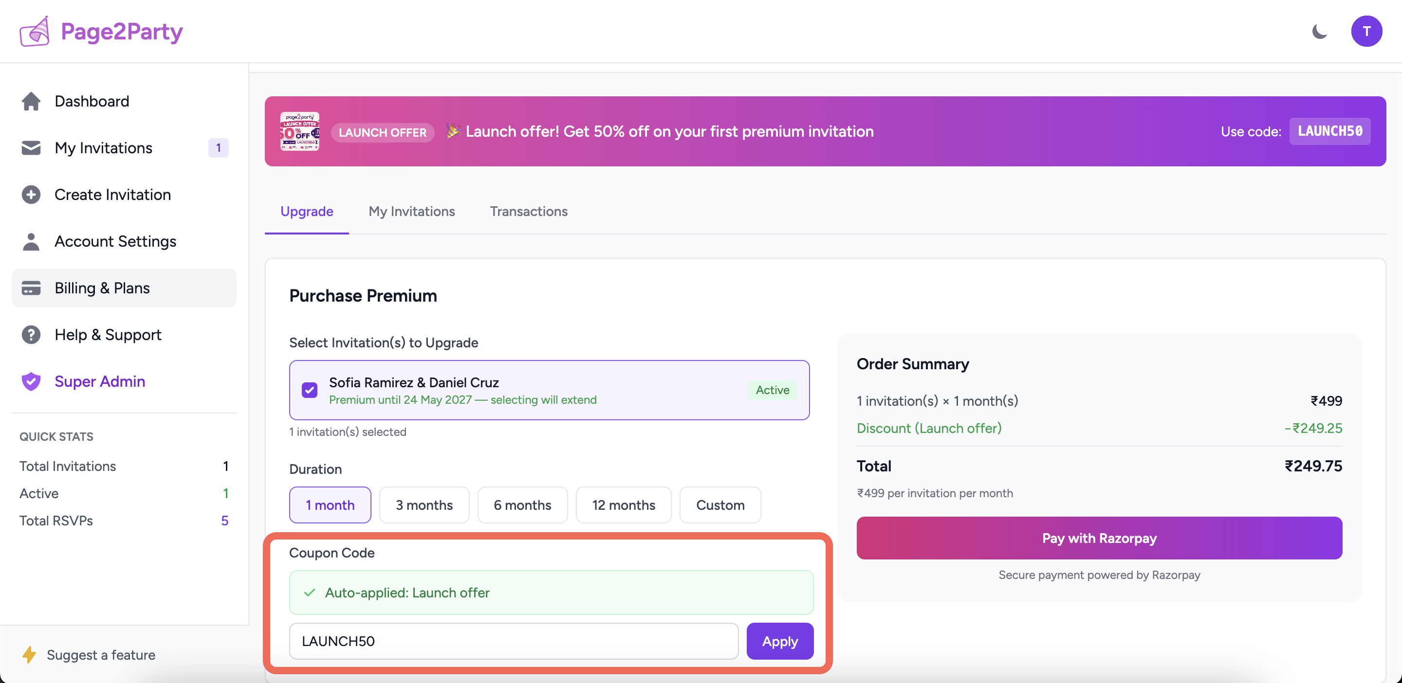 Coupon code field showing a successfully applied discount code with green success message