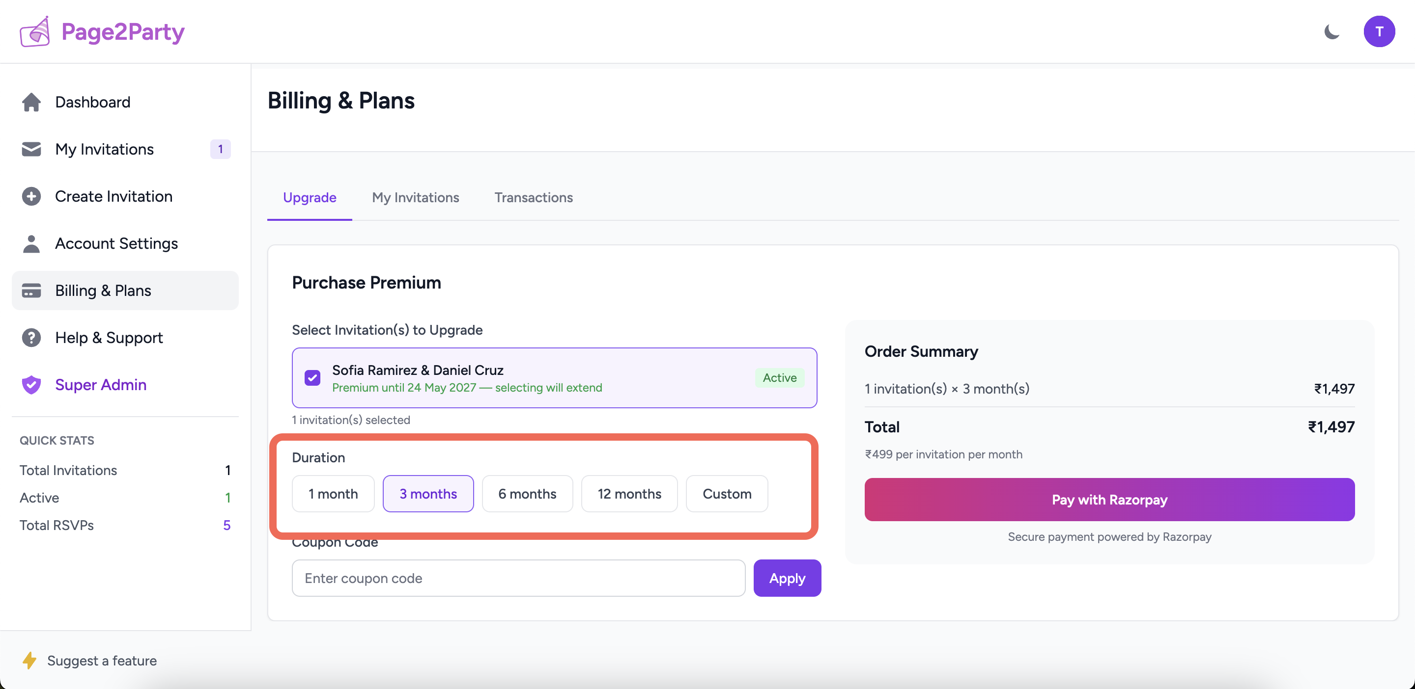Duration selector showing 1, 3, 6, 12 month preset buttons and a custom option with plus/minus buttons