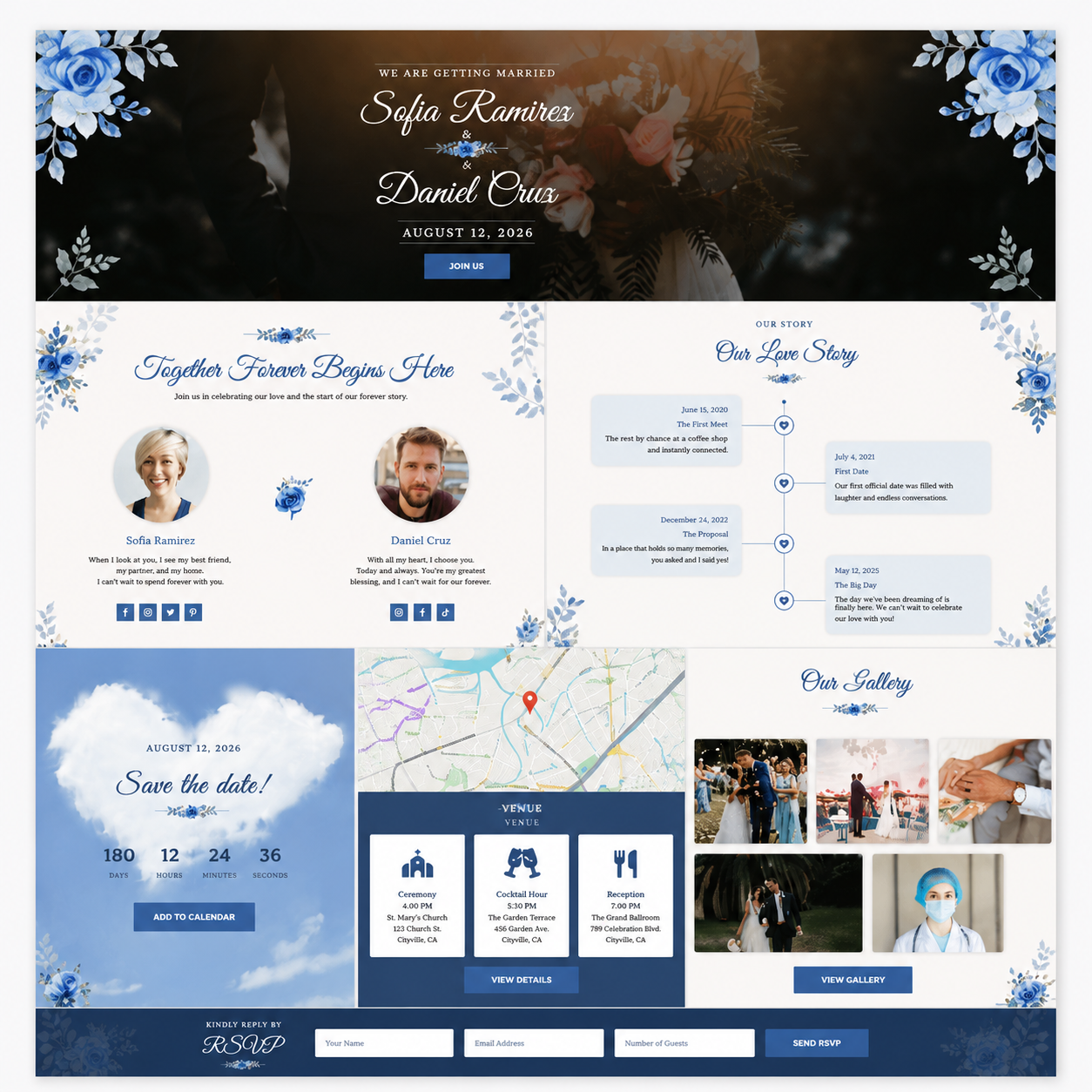 Mr & Mrs Blue Rose wedding invitation template preview