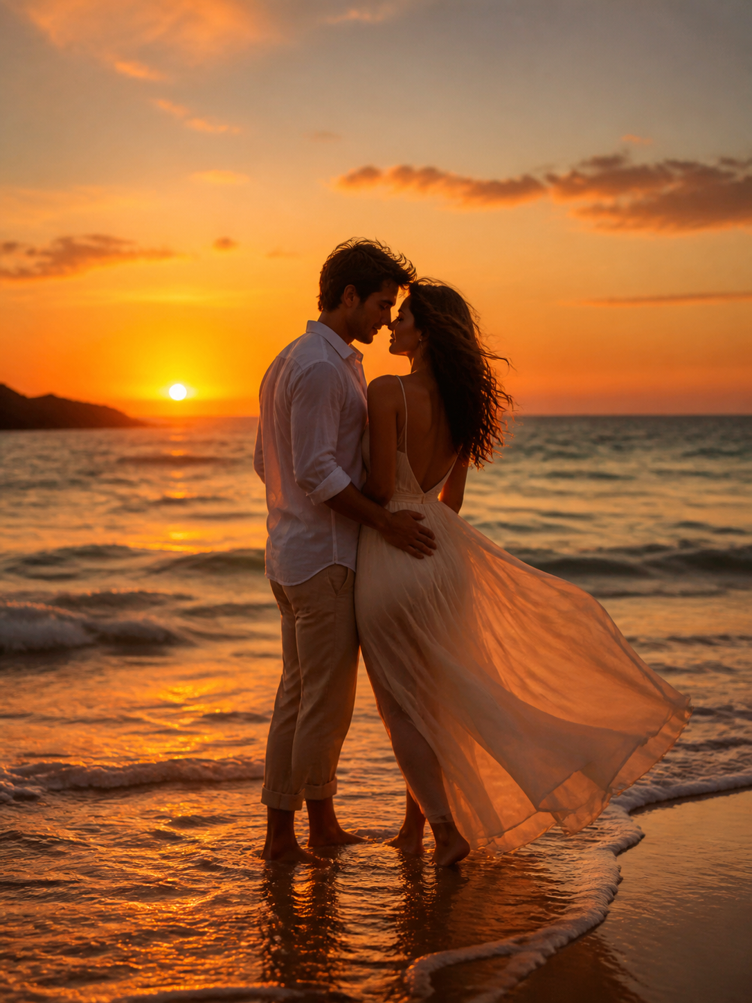 Barefoot Shoreline Silhouette AI wedding photoshoot prompt