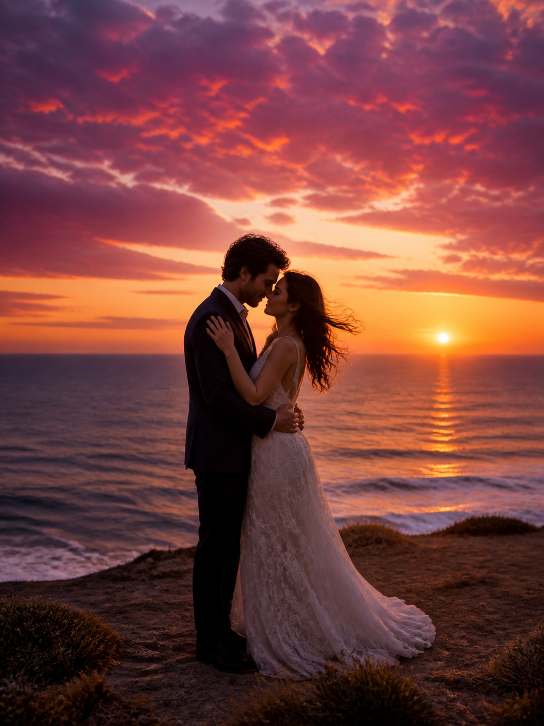 Clifftop Sunset Embrace AI wedding photoshoot prompt