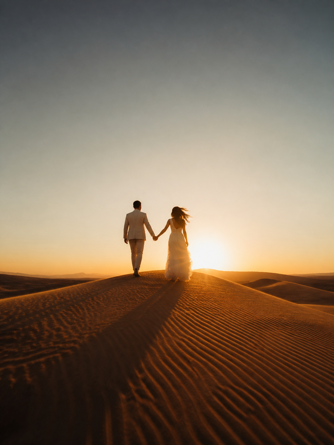 Desert Dune Sunset Walk AI wedding photoshoot prompt