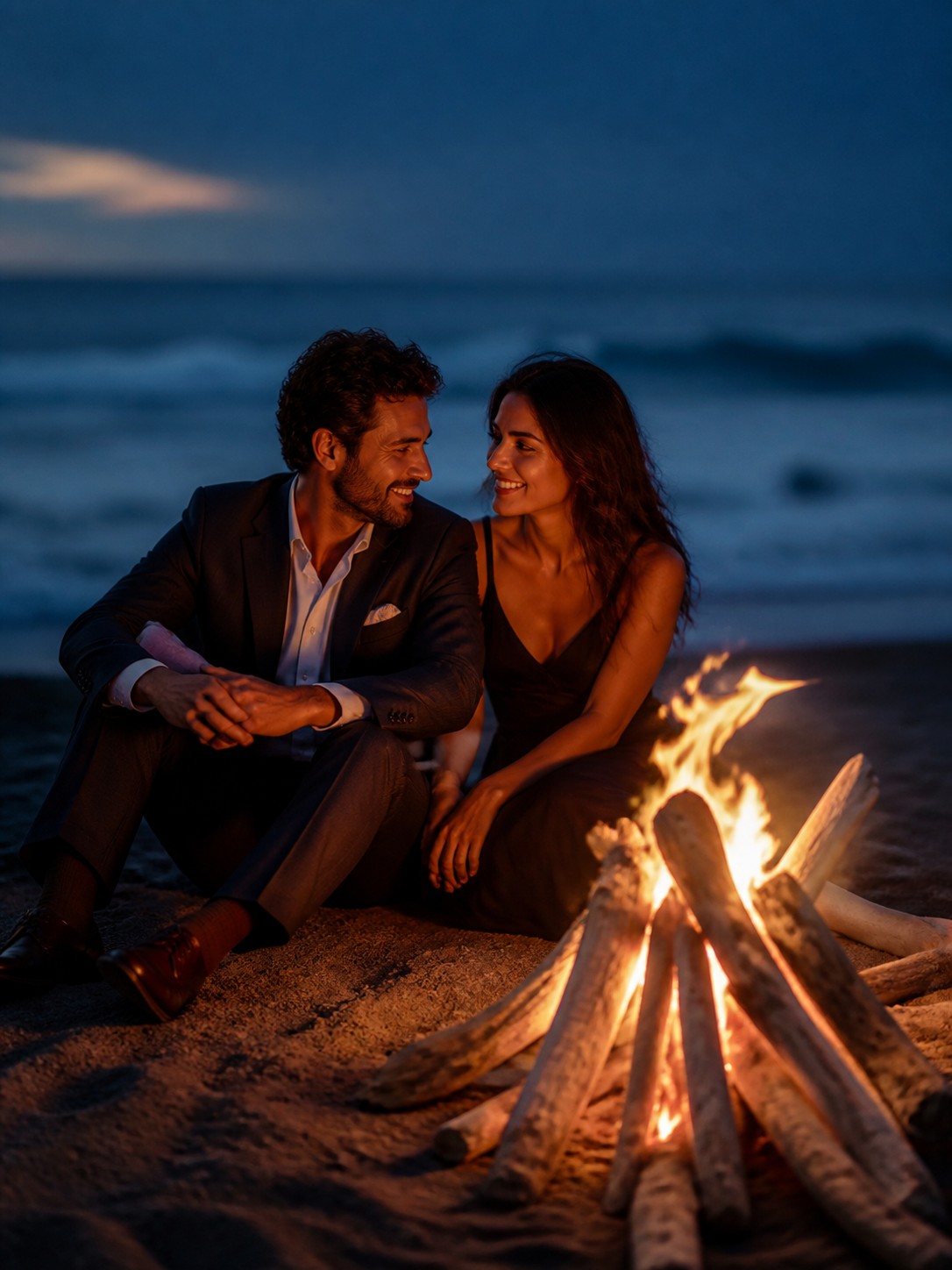 Driftwood Bonfire Evening AI wedding photoshoot prompt