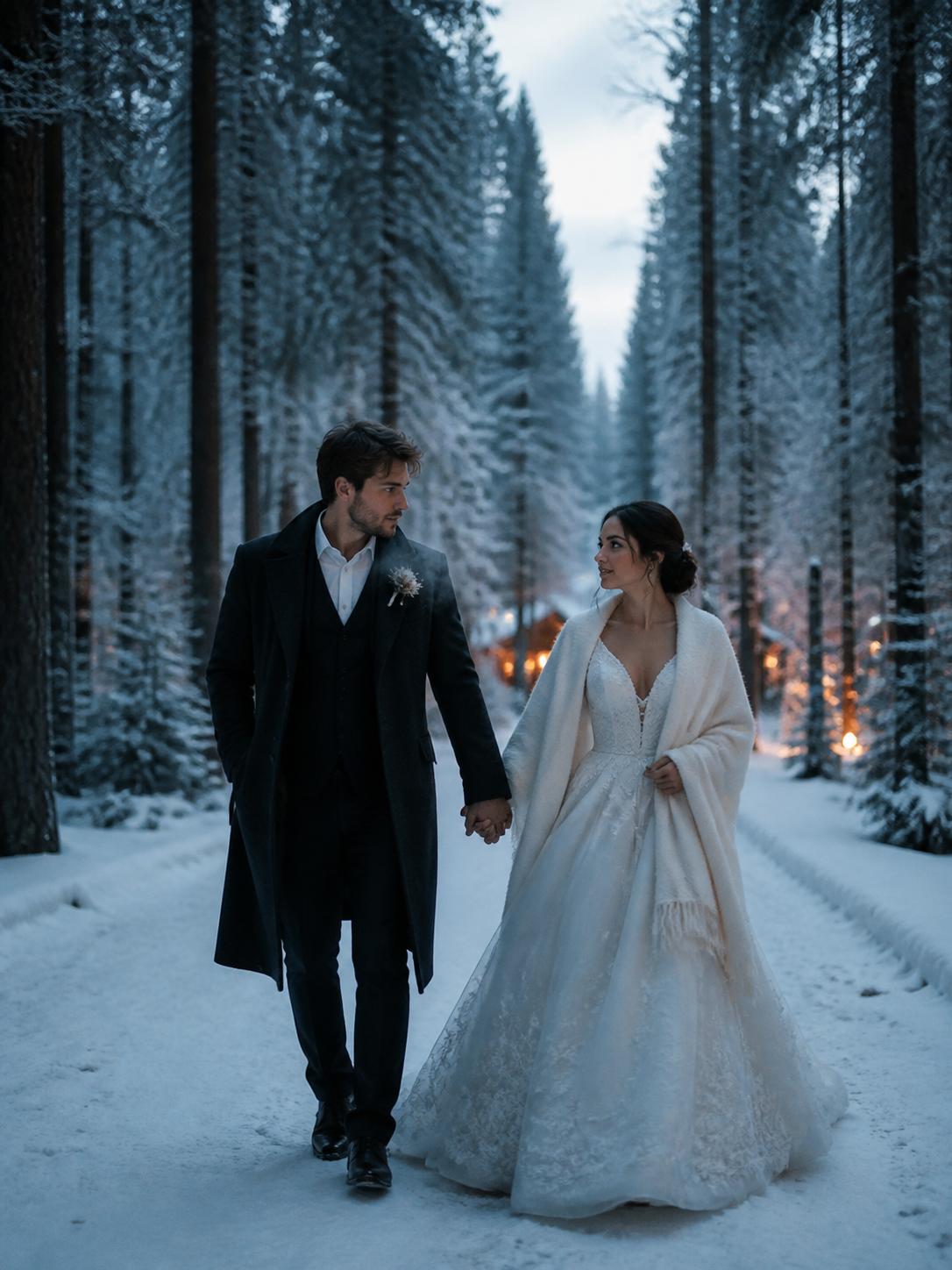 Frosted Pine Forest Walk AI wedding photoshoot prompt