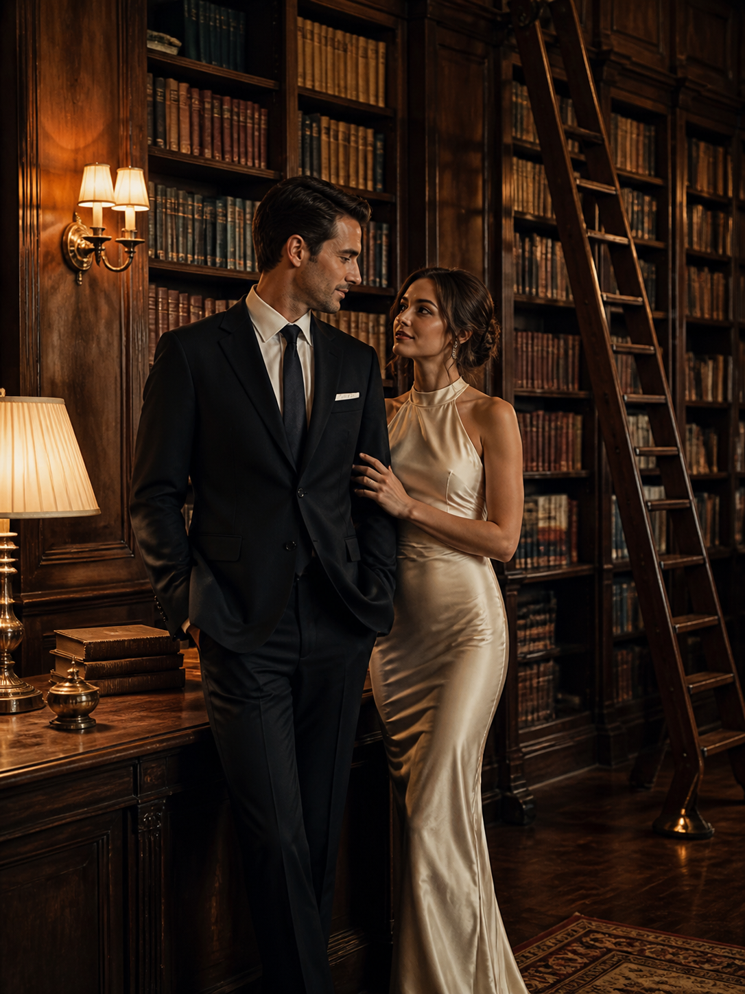 Grand Library Portrait AI wedding photoshoot prompt