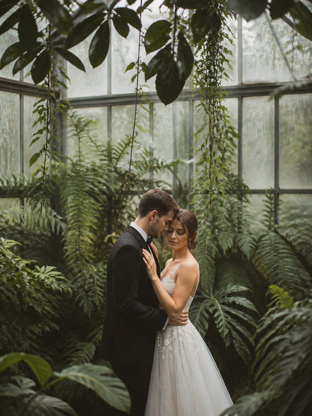 Greenhouse Botanical Embrace AI wedding photoshoot prompt