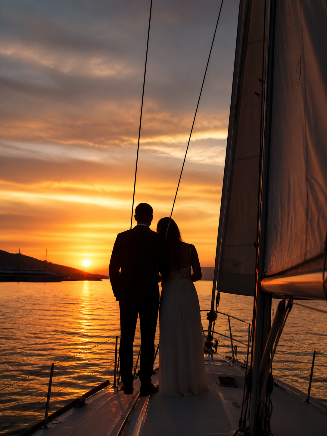 Harbor Sailboat Silhouette AI wedding photoshoot prompt