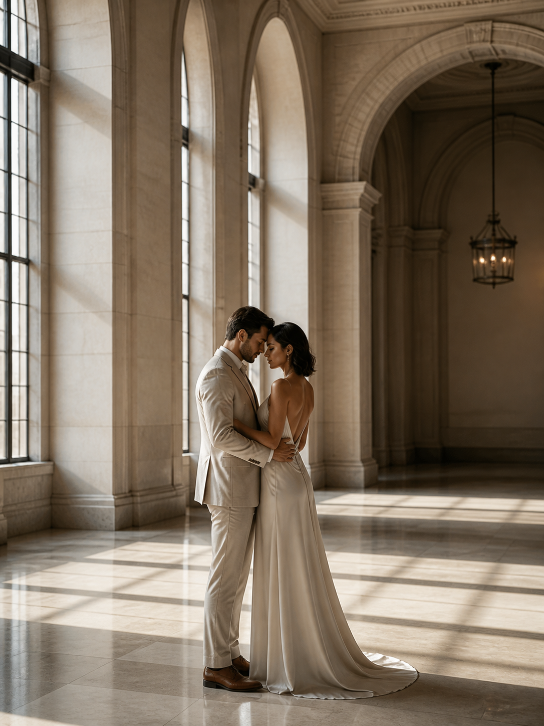 Marble Atrium Embrace AI wedding photoshoot prompt