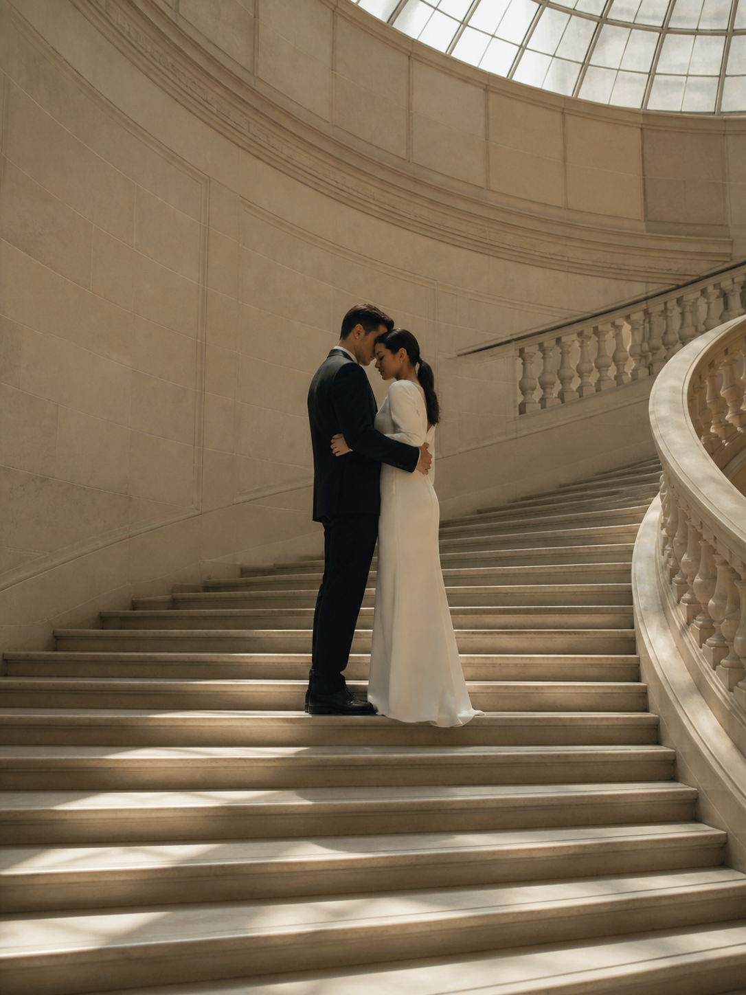 Marble Staircase Embrace AI wedding photoshoot prompt