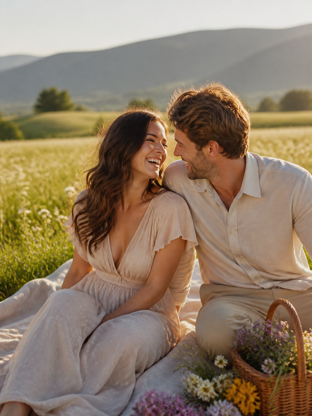 Meadow Picnic Afternoon AI wedding photoshoot prompt