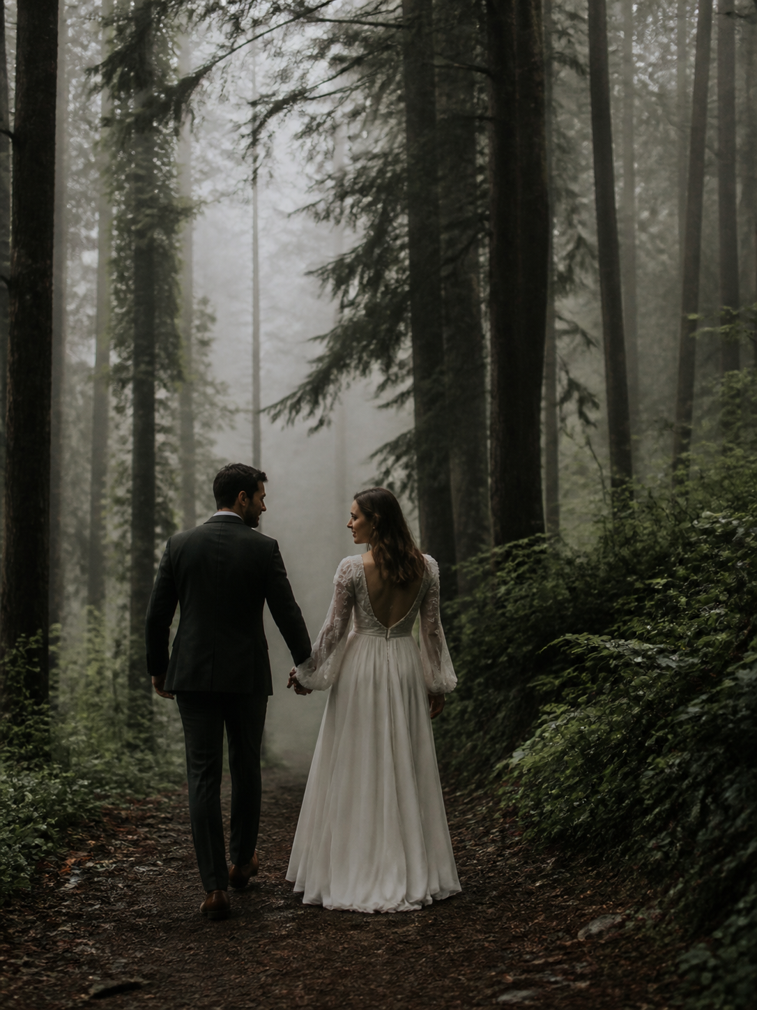 Misty Forest Trail Walk AI wedding photoshoot prompt