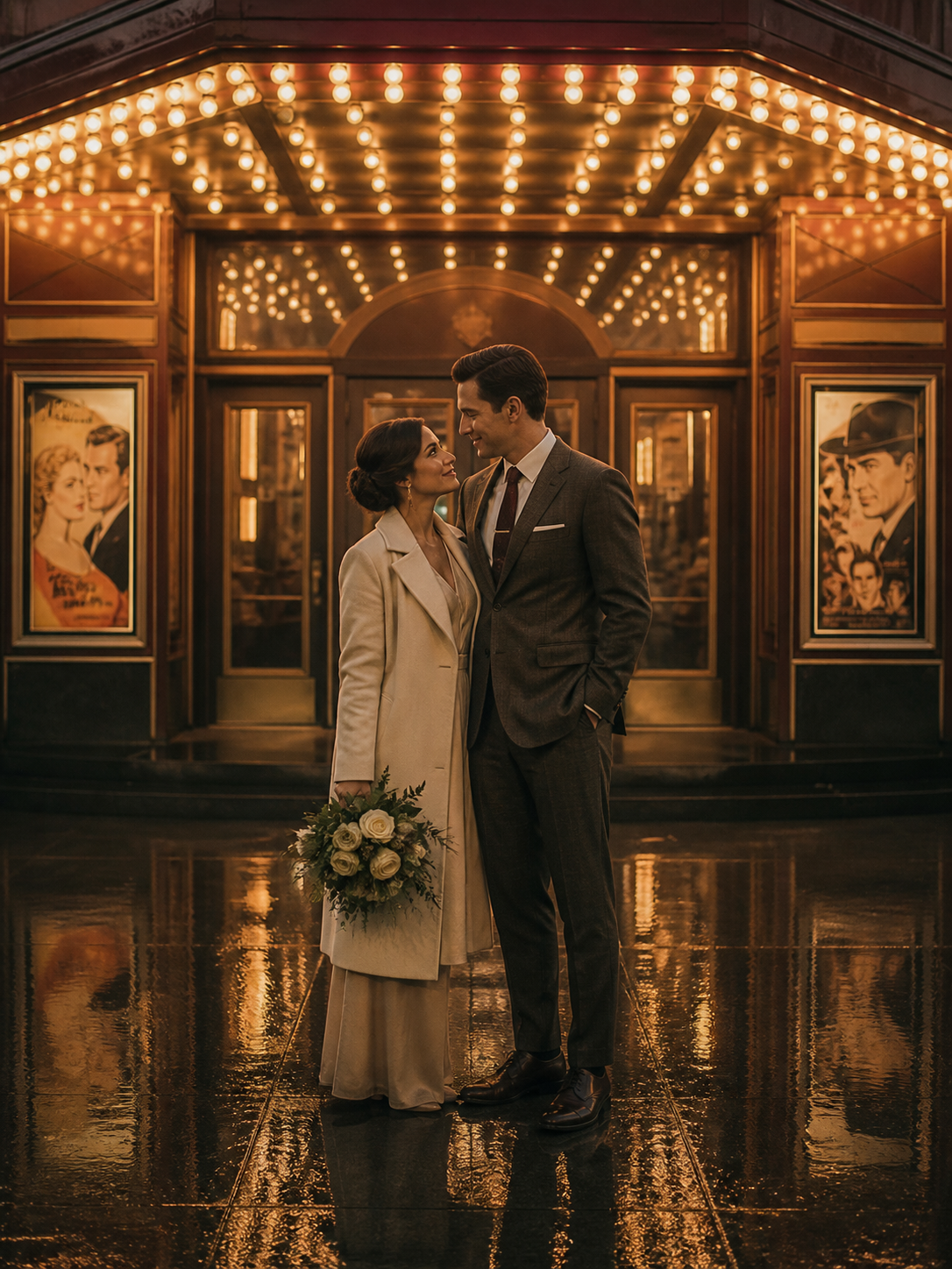 Old Cinema Marquee AI wedding photoshoot prompt