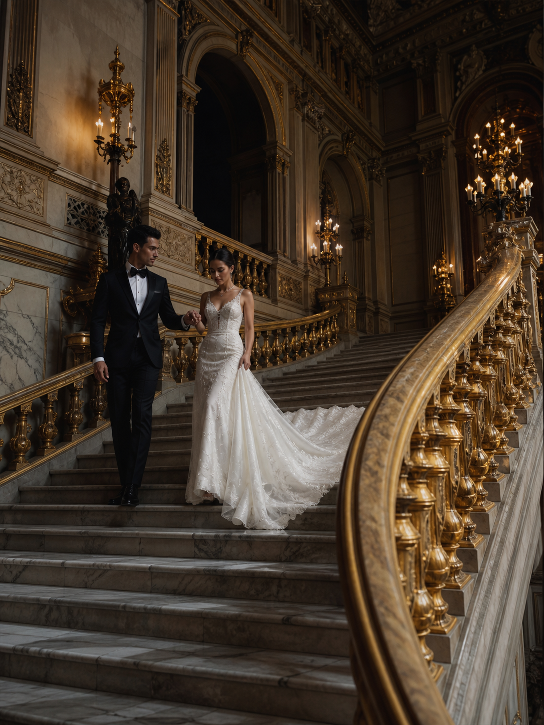 Palace Staircase Editorial Portrait AI wedding photoshoot prompt