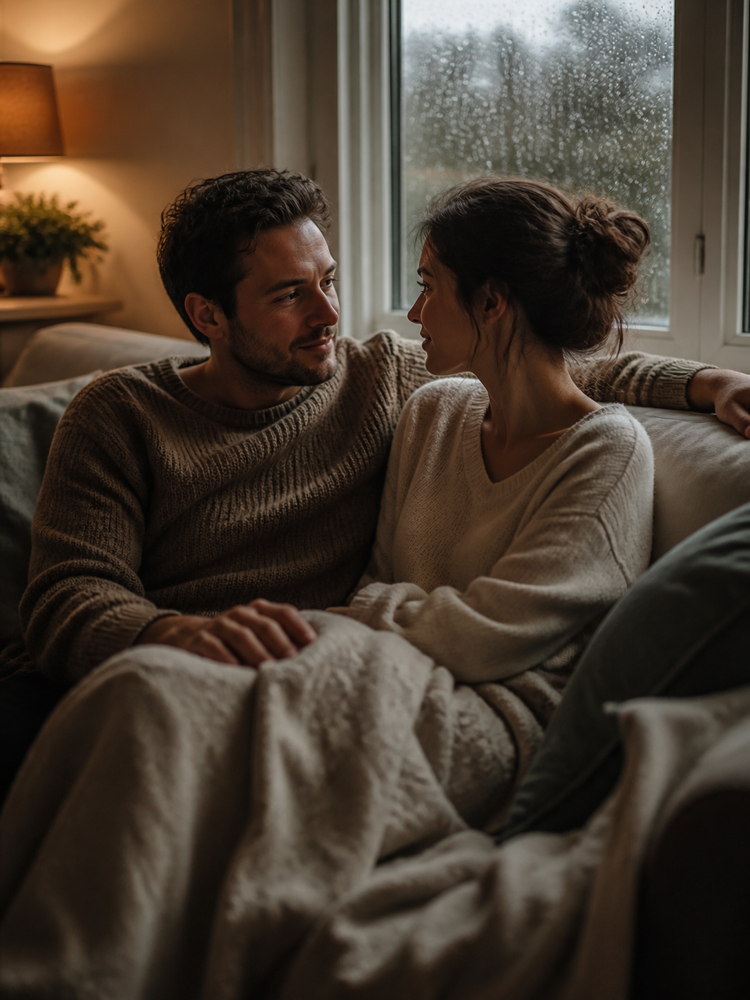 Rainy-Day Sofa Conversation AI wedding photoshoot prompt