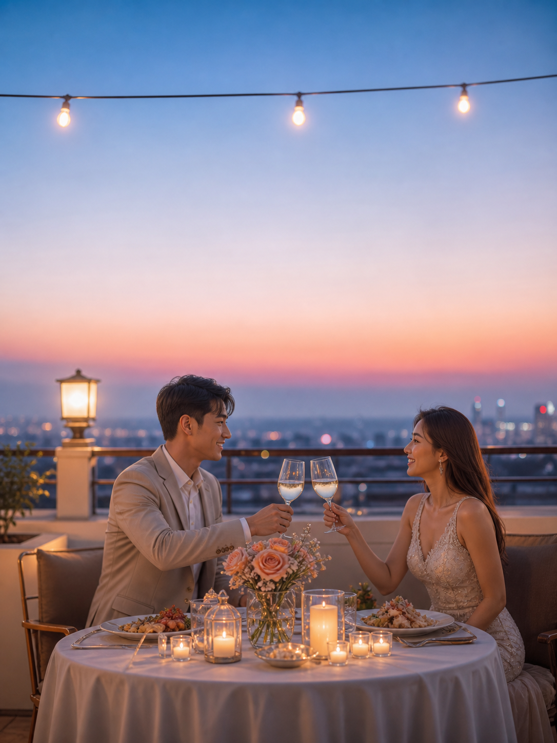 Rooftop Anniversary Dinner AI wedding photoshoot prompt