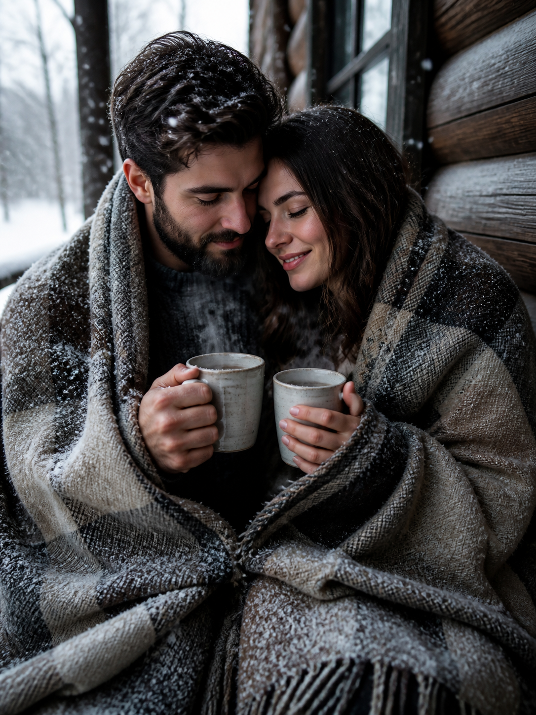 Snowy Cabin Porch AI wedding photoshoot prompt