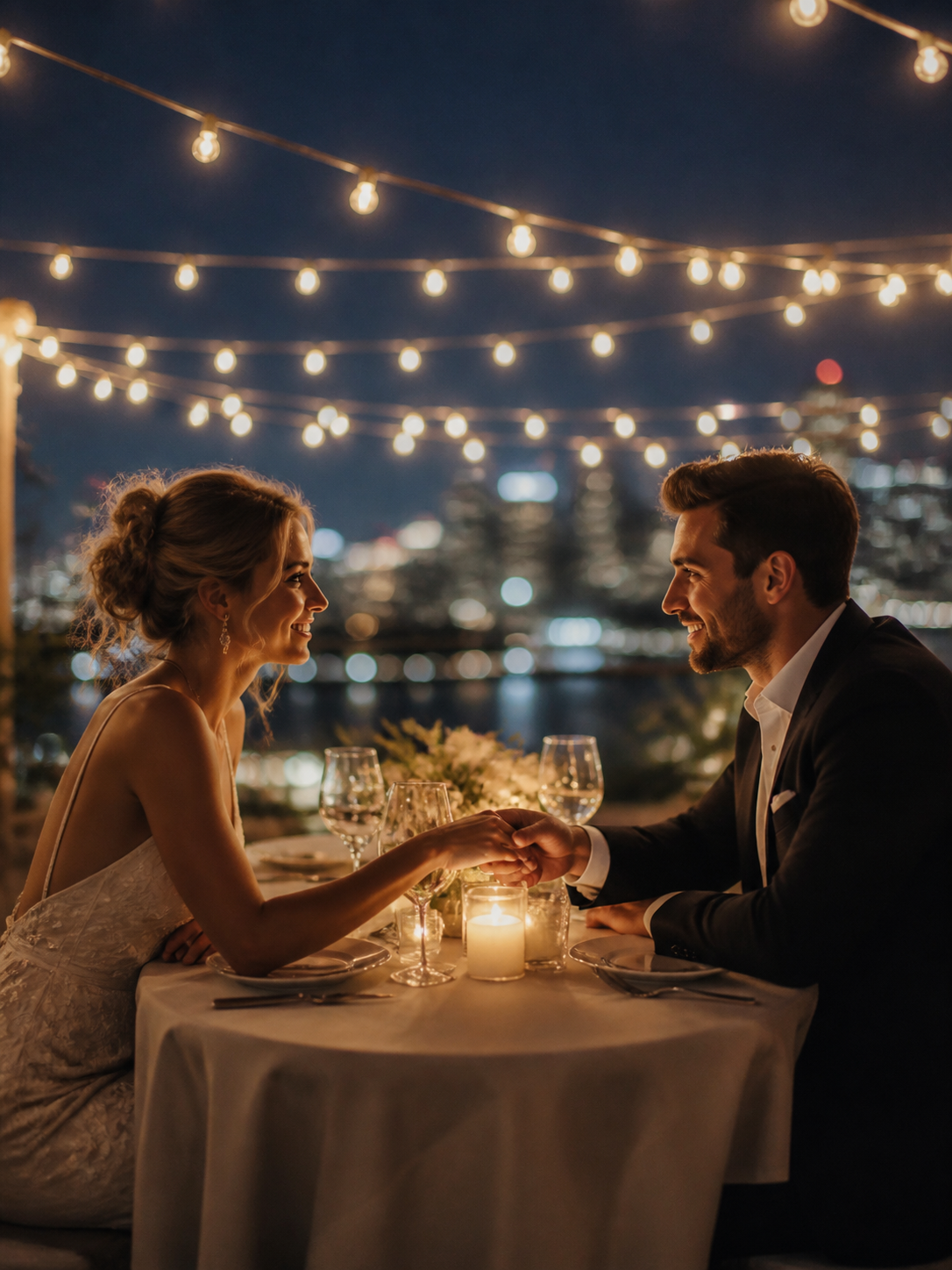 String-Lit Rooftop Dinner AI wedding photoshoot prompt