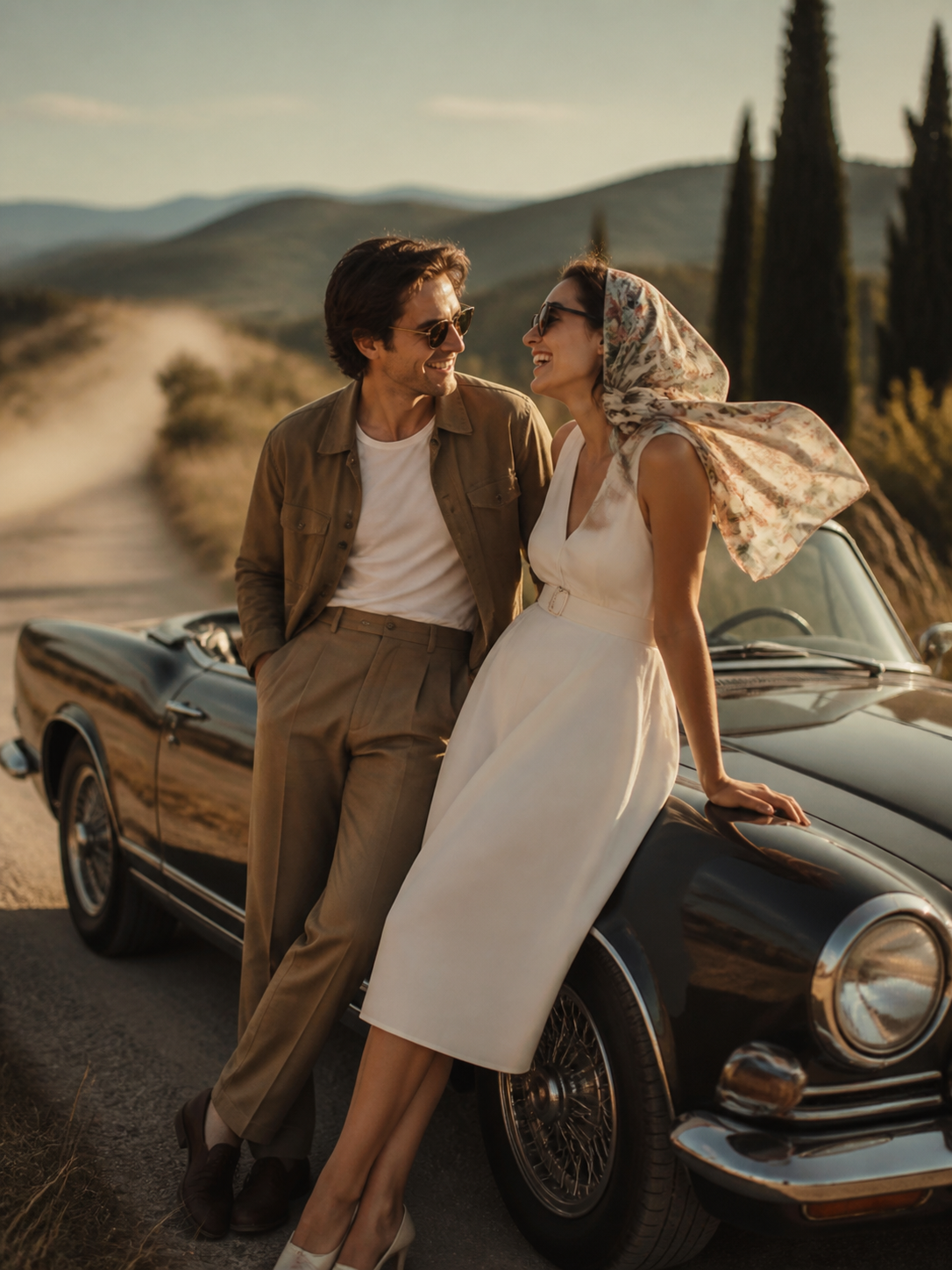 Vintage Convertible Countryside Drive AI wedding photoshoot prompt