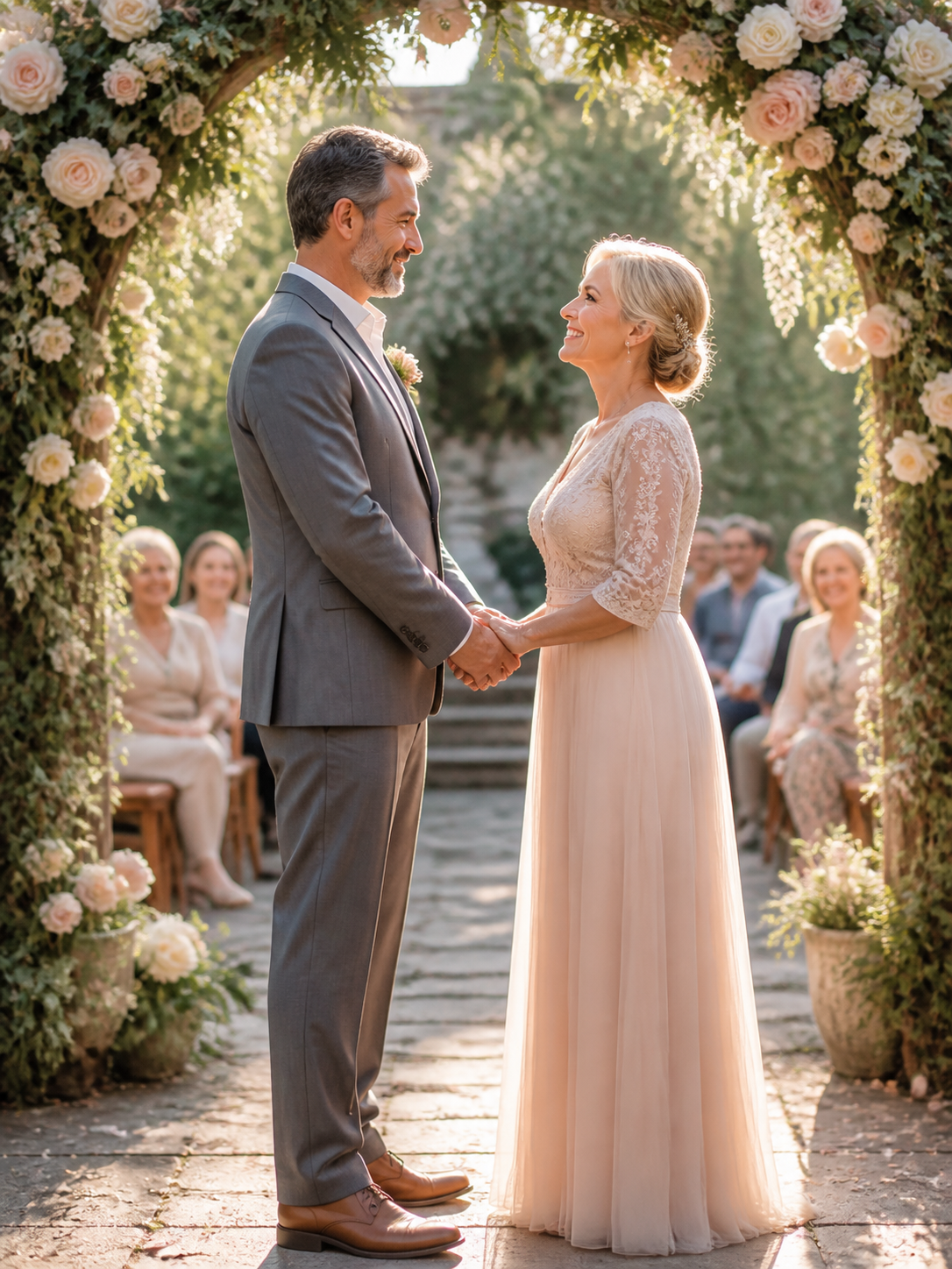 Vow Renewal Under the Arch AI wedding photoshoot prompt